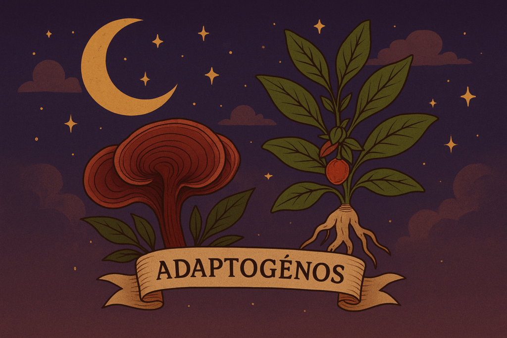 Ilustración mística de adaptógenos como Reishi y Ashwagandha para mejorar el sueño