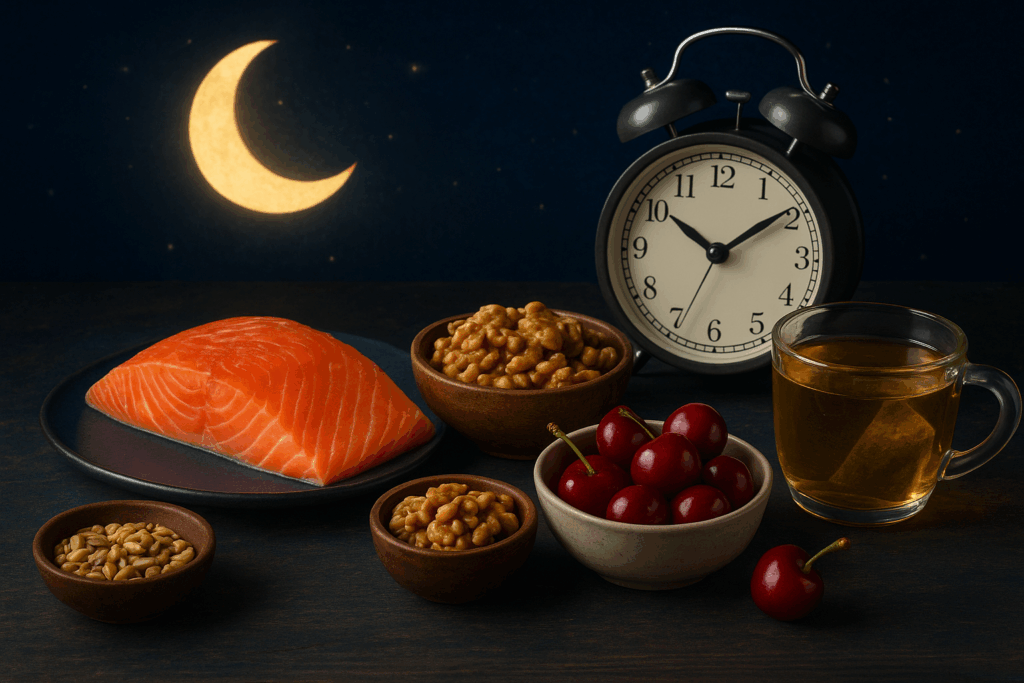 Ilustración de alimentos que contribuyen a un descanso saludable y la importancia del horario de las comidas.