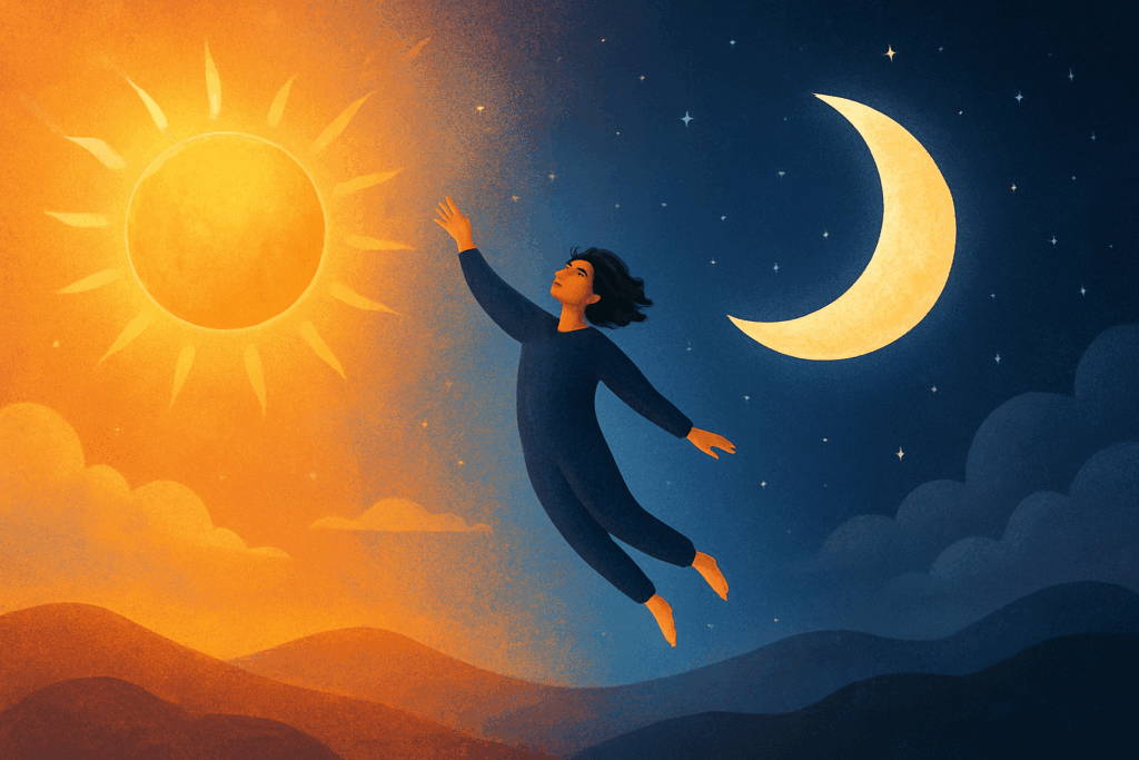 Transición entre vigilia y sueño representada con sol y luna