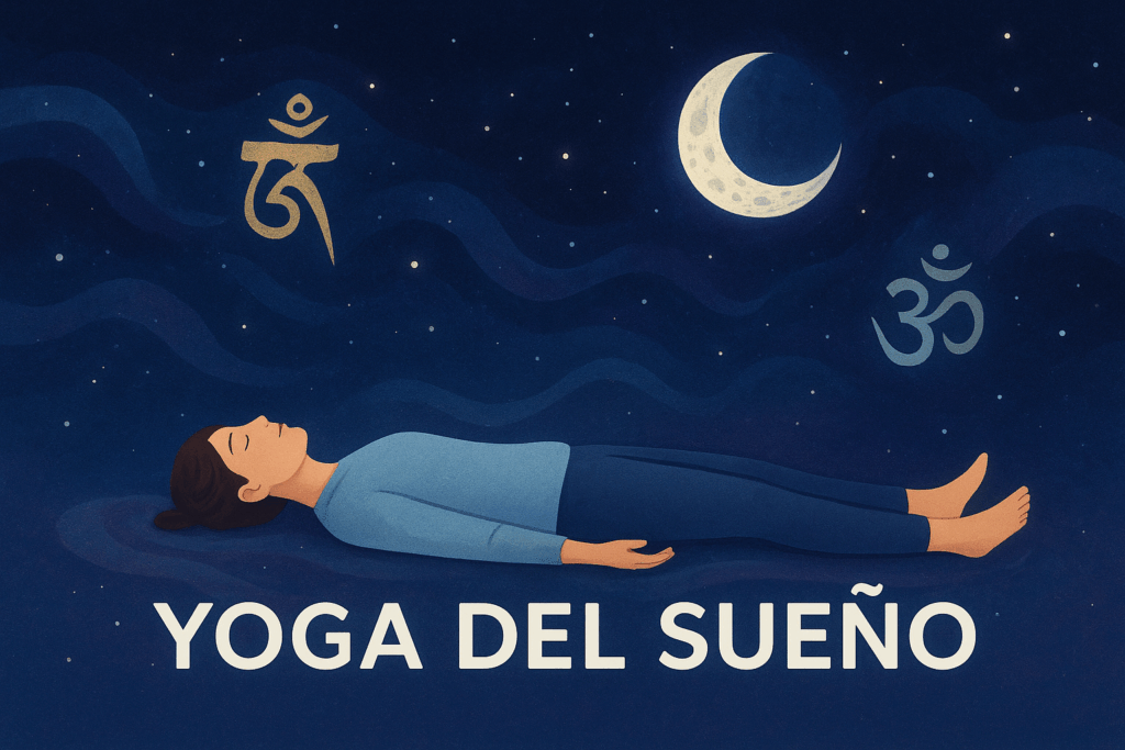 Practicante de Yoga del Sueño flotando en un cielo estrellado en estado de conciencia profunda.