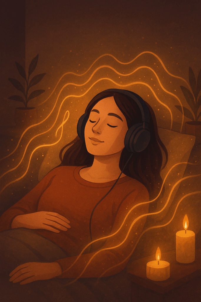 Mujer escuchando música en calma con auriculares, rodeada de un ambiente relajado y espiritual.