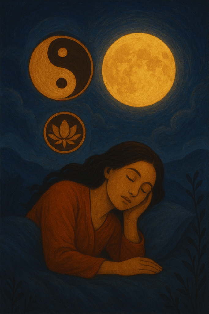 Ilustración simbólica inspirada en el misticismo oriental y los ciclos del sueño, representando el equilibrio entre yin y yang y la sabiduría de los ritmos.